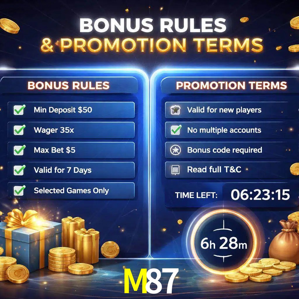 Reglas de promoción M87 y condiciones de bonos explicadas visualmente