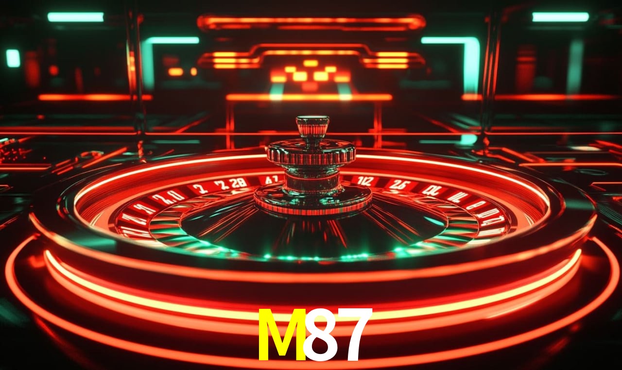 Una escena digital vívida inspirada en casino con M87 mostrado prominentemente, luces brillantes, fichas, cartas y acentos dorados.