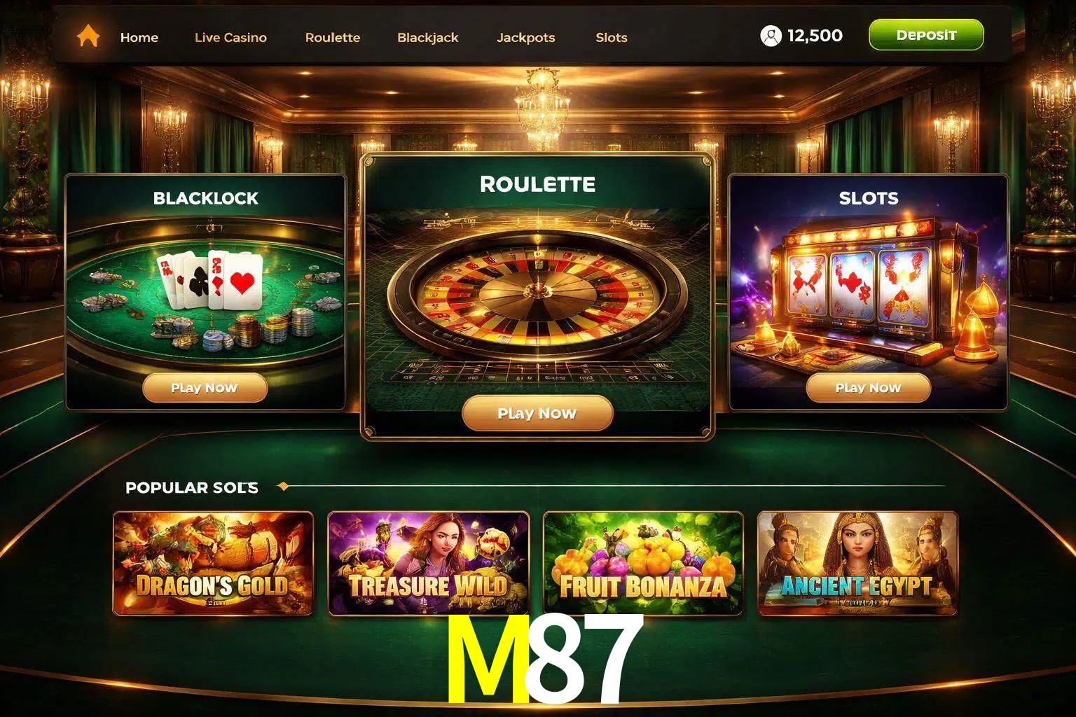 Vista de la plataforma M87 Casino mostrando categorías organizadas de juegos en línea