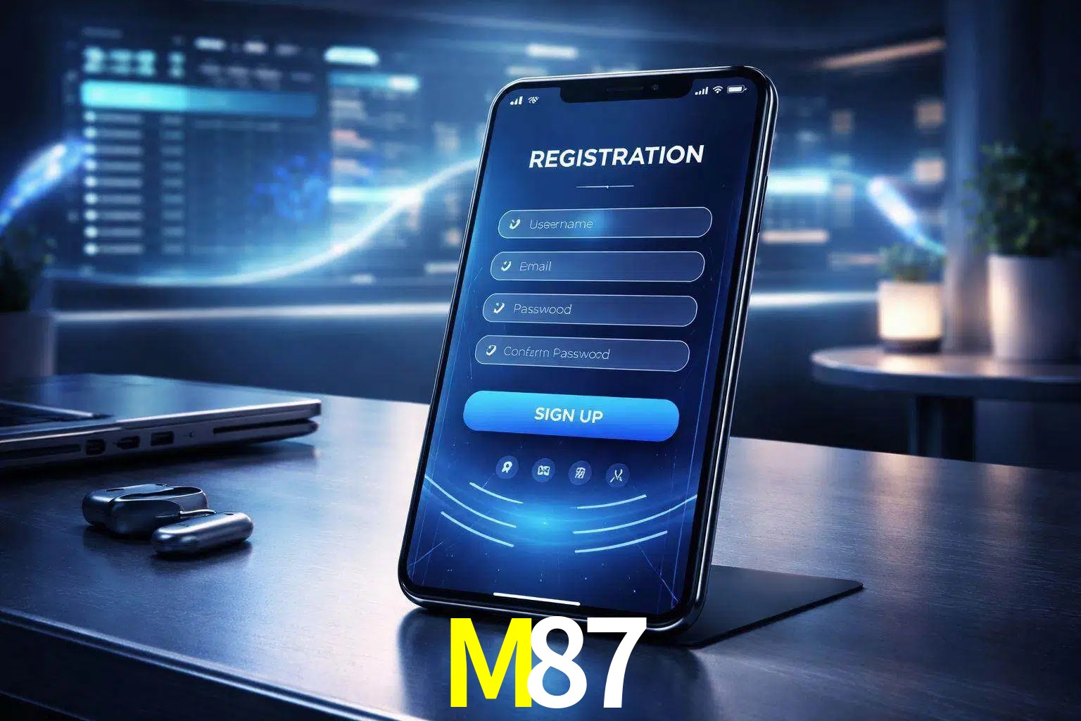 Una interfaz moderna de registro móvil para M87 mostrada en un smartphone con un panel de apuestas elegante.